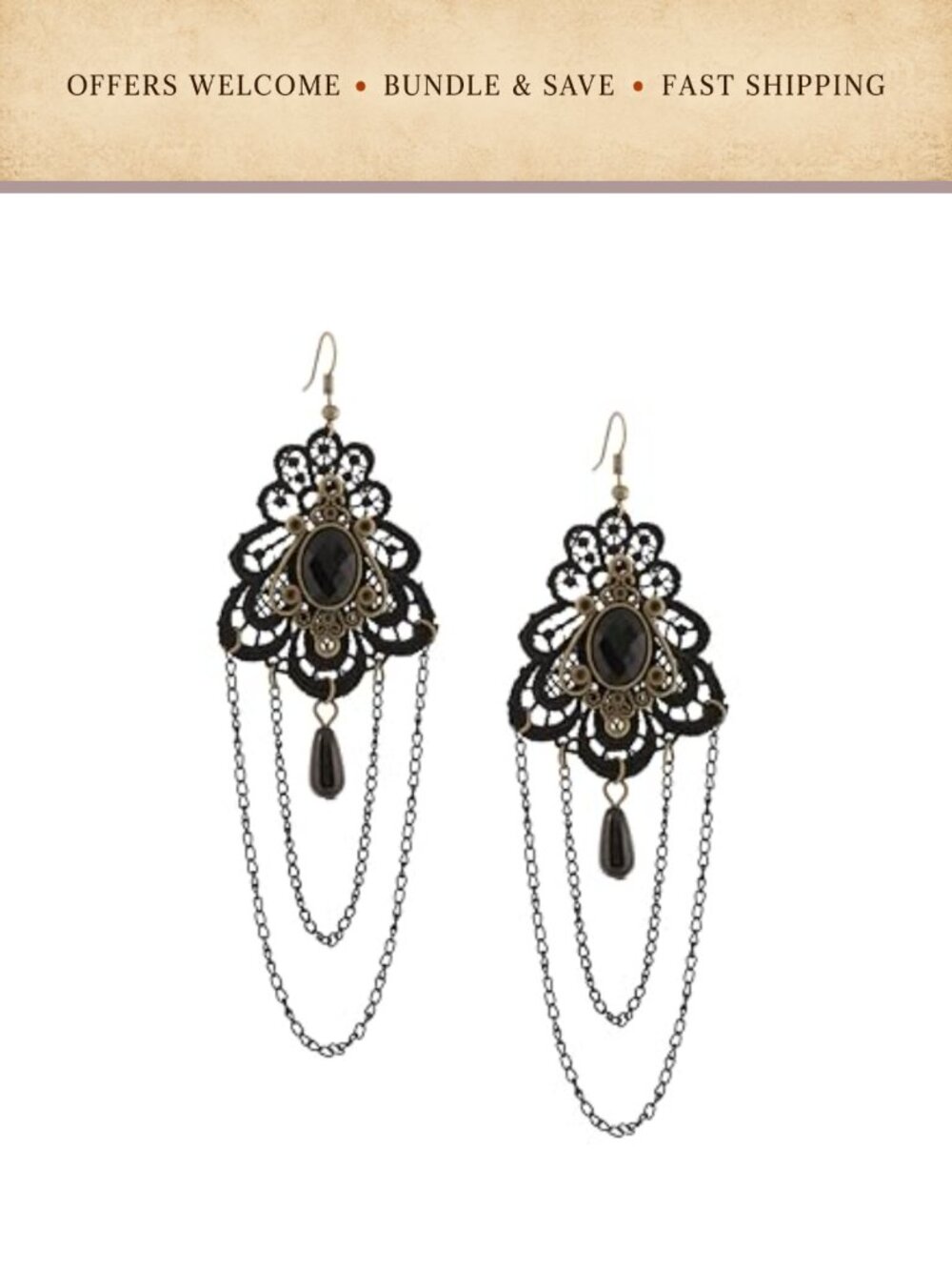 Black Lace Teardrop Statement Earrings Gothic Vintage Dangle